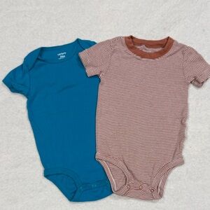 Carter's Solid Teal and Rust-Striped Short Sleeve One-Piece Bodysuits Bundle 24m